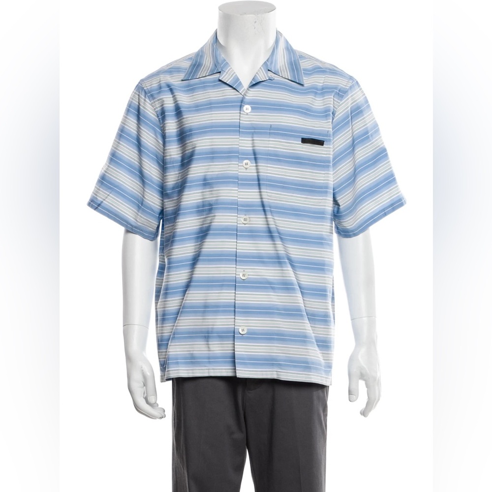 Prada Camica Celeste Short Striped Blue Sleeved Shirt